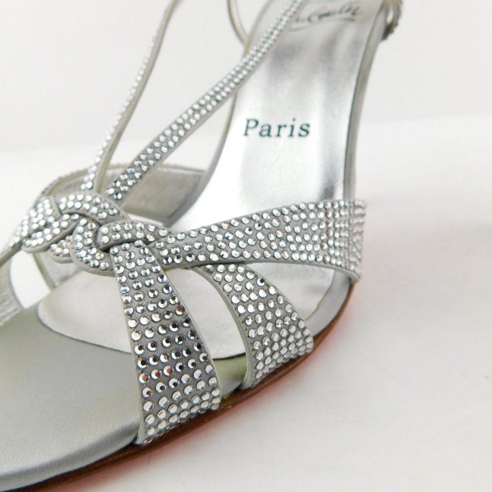 CHRISTIAN LOUBOUTIN Crystal Encrusted Silver Satin Strass Evening Heels 37.5 - Picture 9 of 10